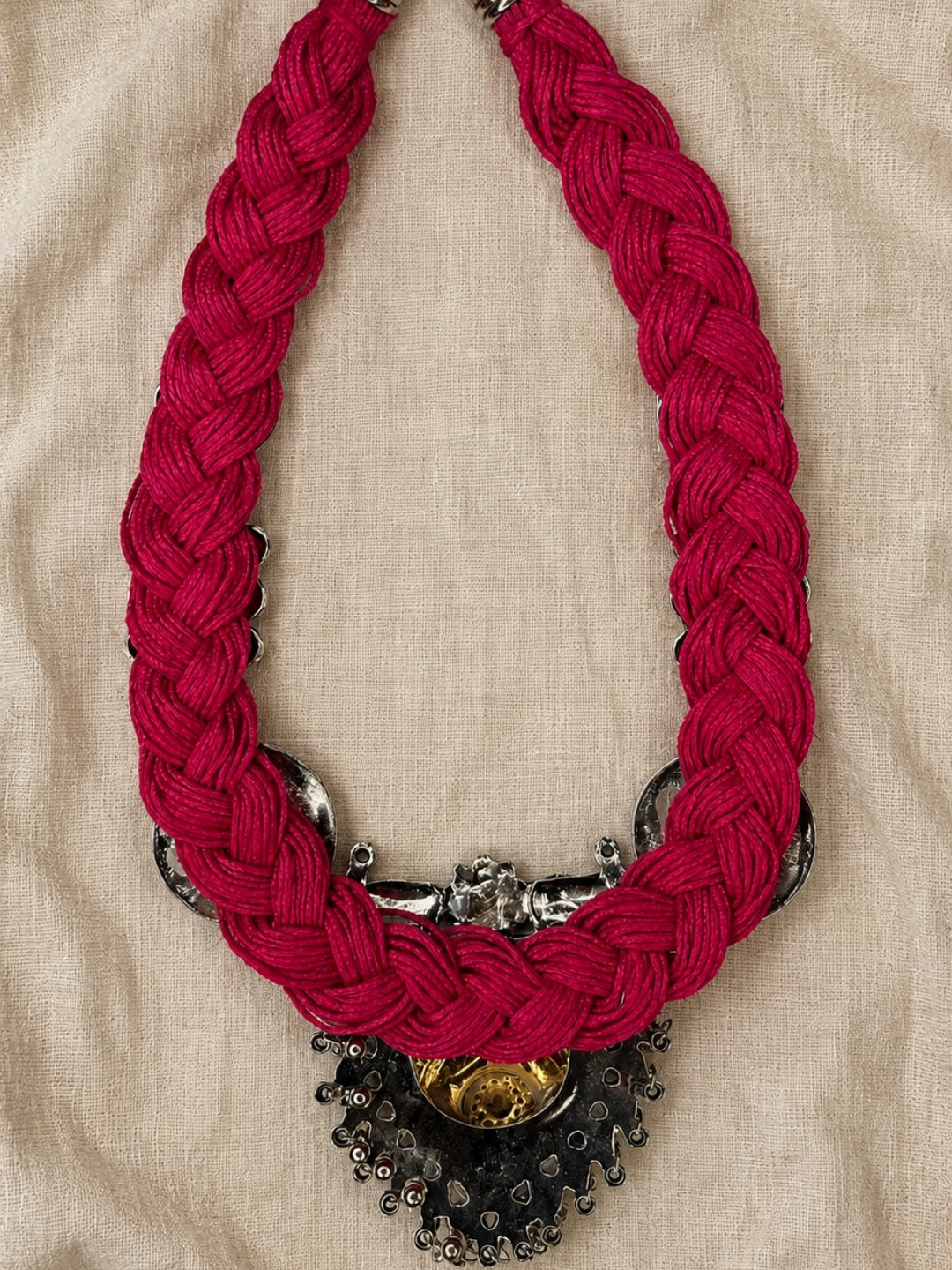 German Silver Floral & Peacock Charm Statement Bohemian Meenakari Magenta Jute Necklace