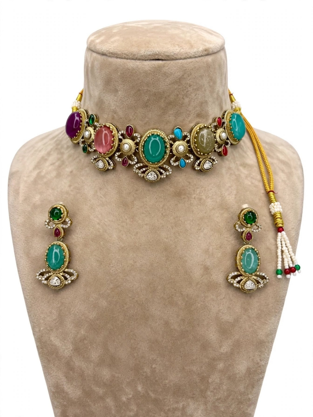 Gold-Plated Multicolour Stone Studded Traditional Choker Necklace Jewellery Set
