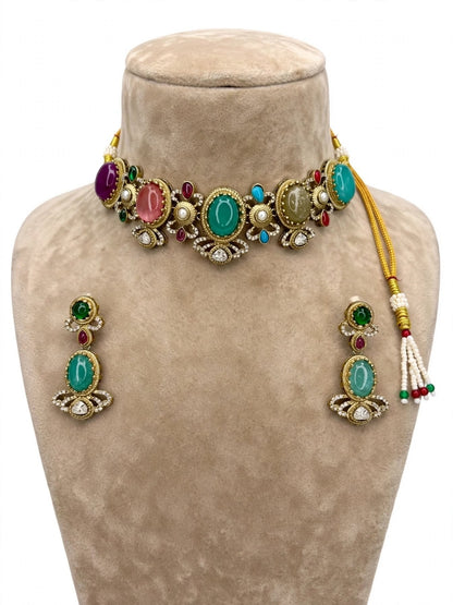 Gold-Plated Multicolour Stone Studded Traditional Choker Necklace Jewellery Set