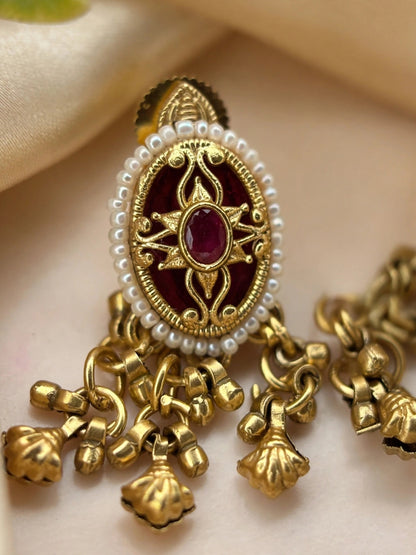 Gold-Plated Red Kundan Stone Contemporary Stud Earrings