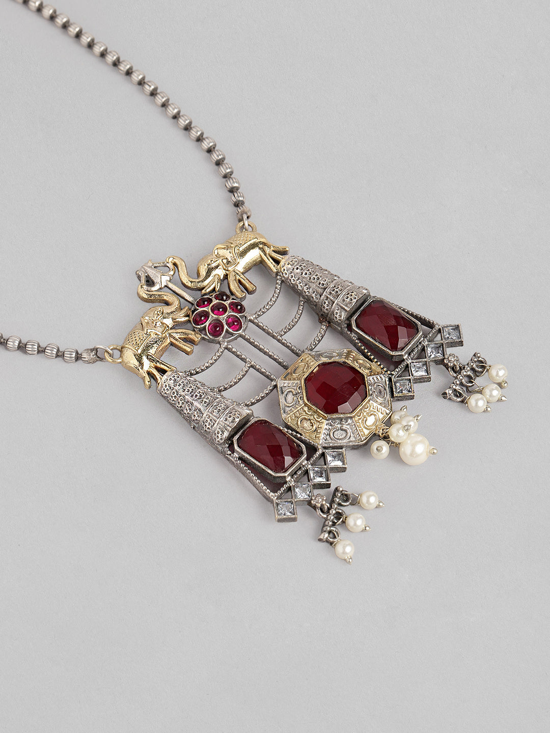 VIVAZS Dual Tone Red Ruby Studded Oxidised Necklace & Earrings Set