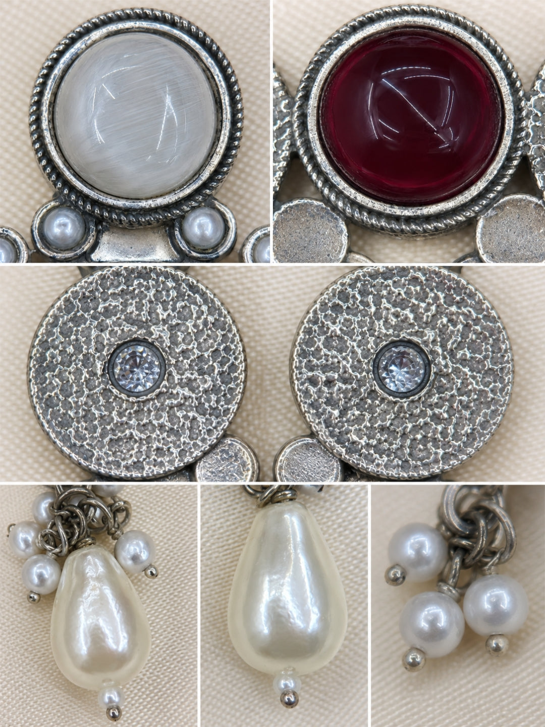 Maroon & White Stone Pearl Embellished Oxidised Chandbali Statement Earrings