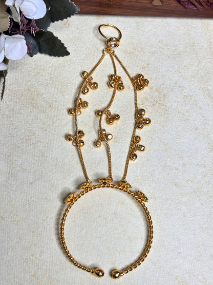 Gold-Plated Kundan Studded Ghungaroo Hath Phool  Kashmiri Ring Bracelet set