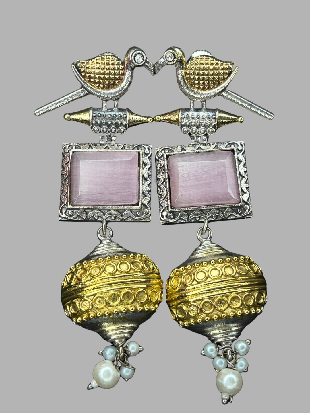 Silver & Gold Dual-Plated Oxidised Long Pink Stone Contemporary Bird Jhumkas Earrings