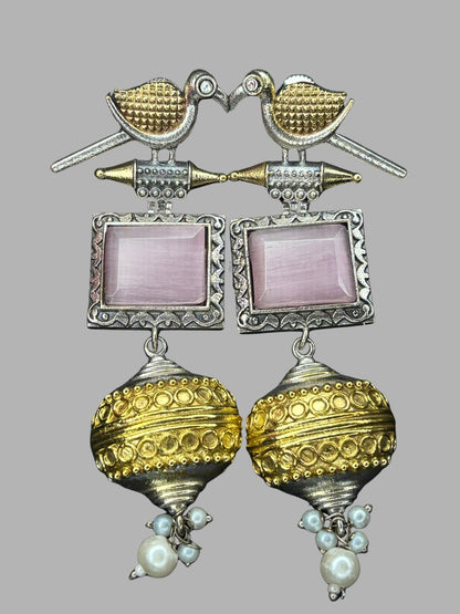 Silver & Gold Dual-Plated Oxidised Long Pink Stone Contemporary Bird Jhumkas Earrings