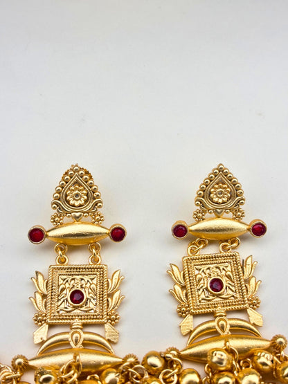Gold-Plated Pink Stone Kundan Ghungroo Statement Drop Earrings