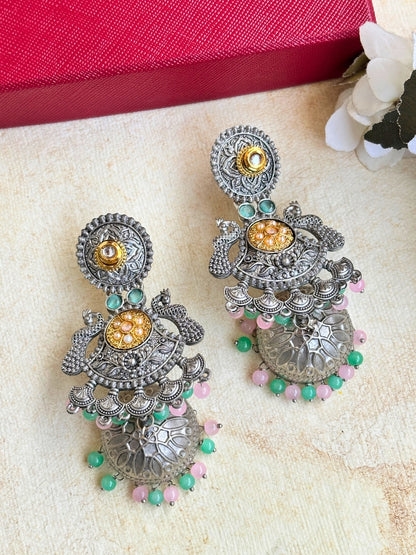 Oxidised Silver Plated Peacock Shaped Jhumkas Earrings (Pink & Mint)