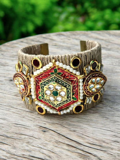 VIVAZS Golden ,Green and Red Kundan Adjustable Jute Bracelet