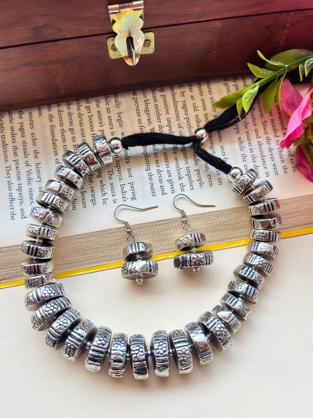 Silver & Gold-Plated Oxidized Beaded Choker Necklace set