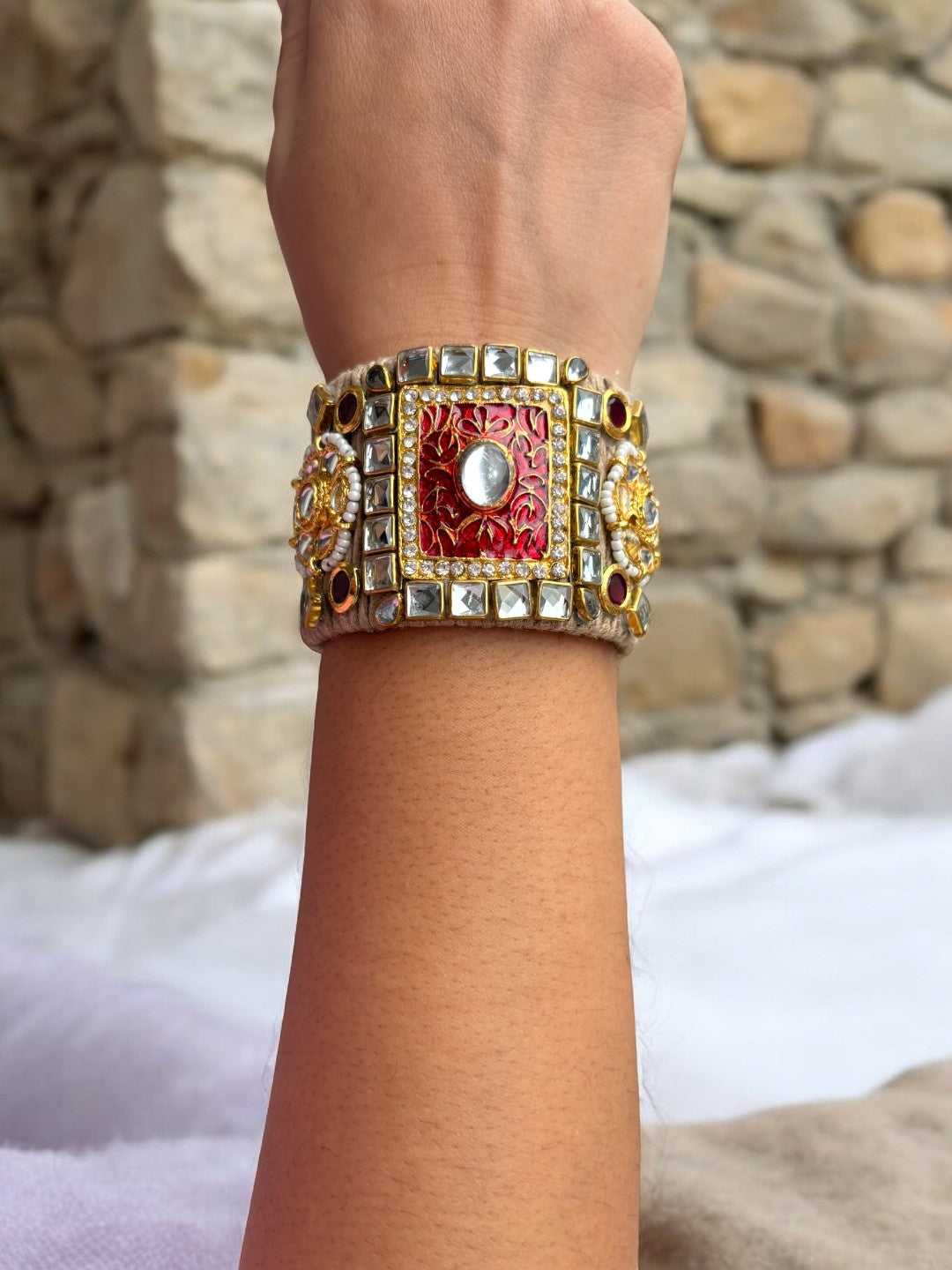 VIVAZS Golden and Red Kundan Adjustable Jute Bracelet