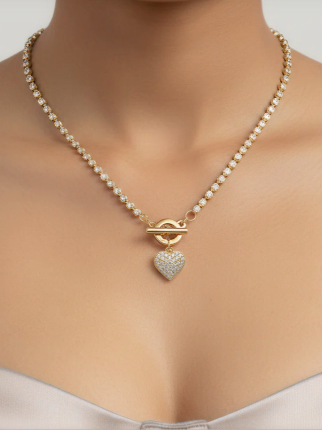Necklace AD-Studded Heart Charm with T-Lock