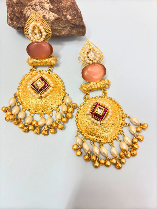 VIVAZS Gold-Plated Stones Studded & Beaded Chandbalis