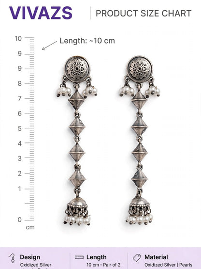 Oxidised Silver-Plated Geometric Long Drop Earrings