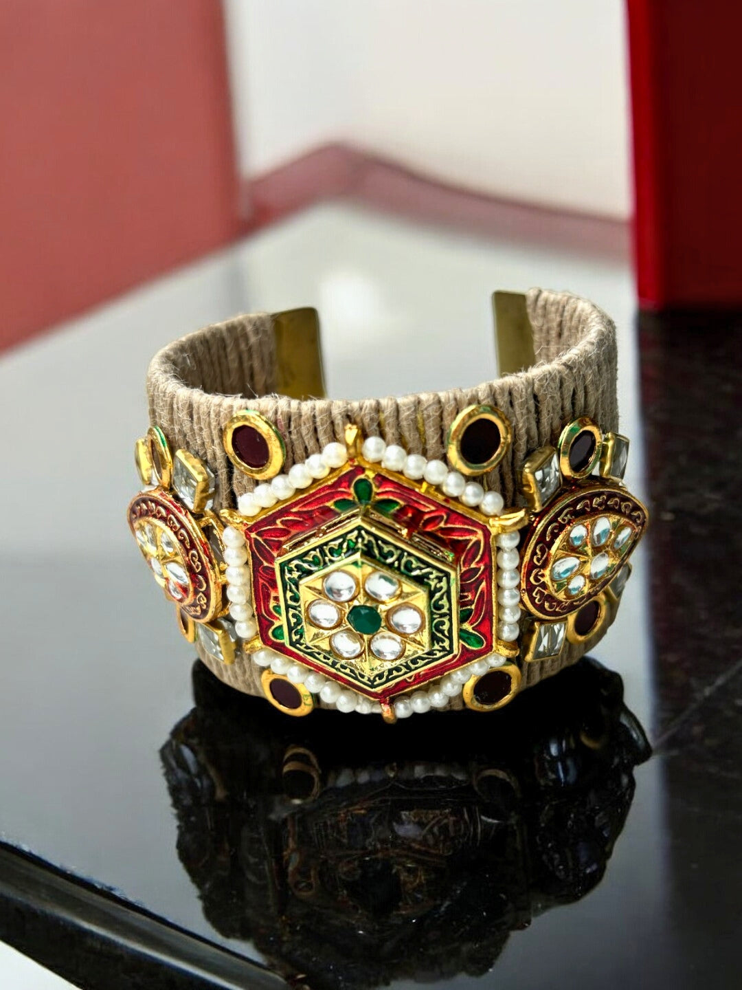 VIVAZS Golden ,Green and Red Kundan Adjustable Jute Bracelet