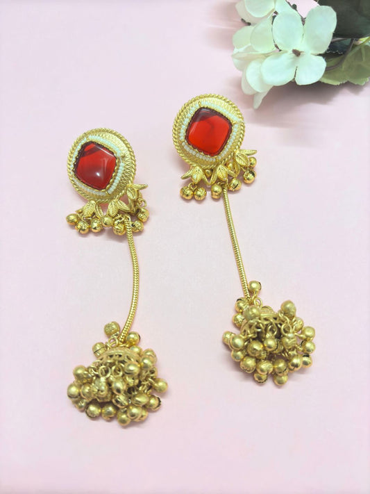 VIVAZS Kashmiri Long Chandbali Drop Earrings (Red)