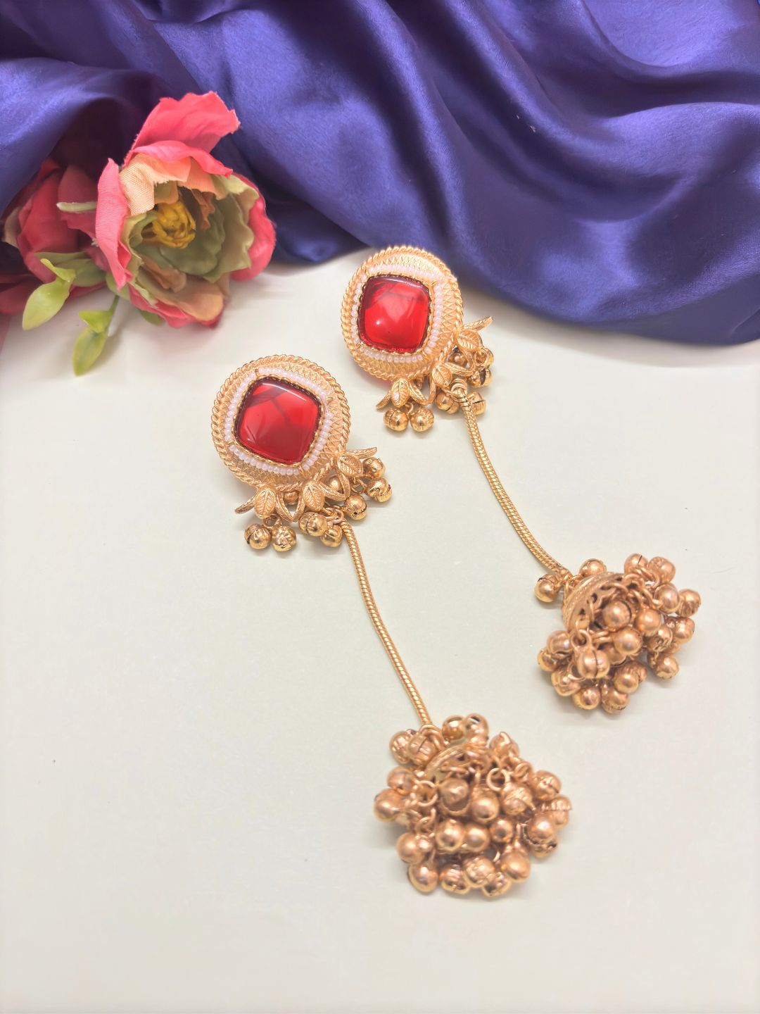 VIVAZS Kashmiri Long Chandbali Drop Earrings (Red)