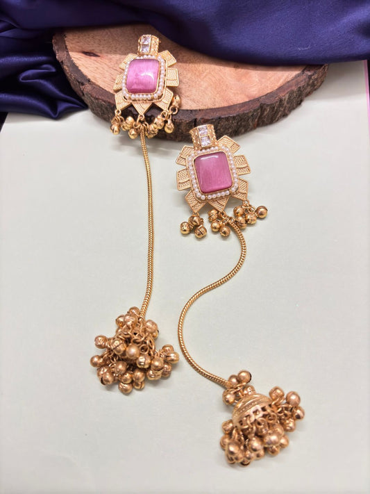VIVAZS Kashmiri Long Chandbali Drop Earrings (Pink)
