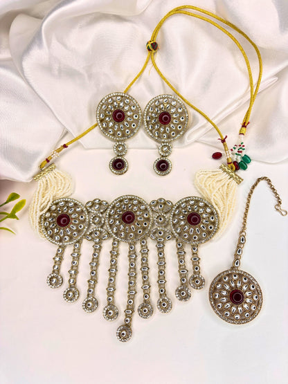 Gold-Plated Red Kundan Stone Choker Jewellery Set