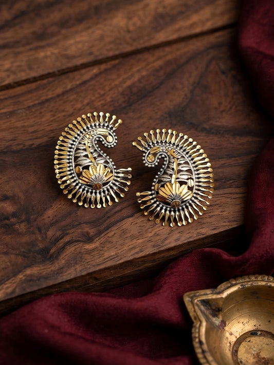Oxidised Silver-Plated Peacock Design Gold-Toned Statement Stud Earrings