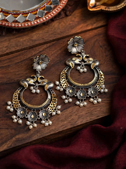 Oxidised Silver-Plated Floral & Pearl Embellished Peacock Statement Drop Earrings