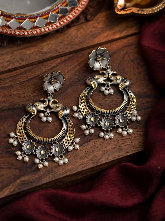 Oxidised Silver-Plated Floral & Pearl Embellished Peacock Statement Drop Earrings