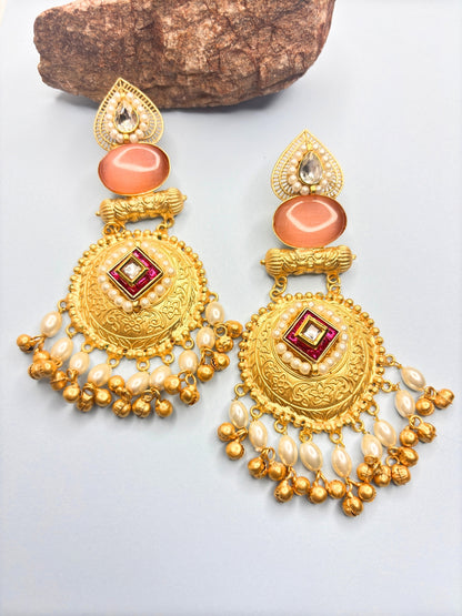 VIVAZS Gold-Plated Stones Studded & Beaded Chandbalis