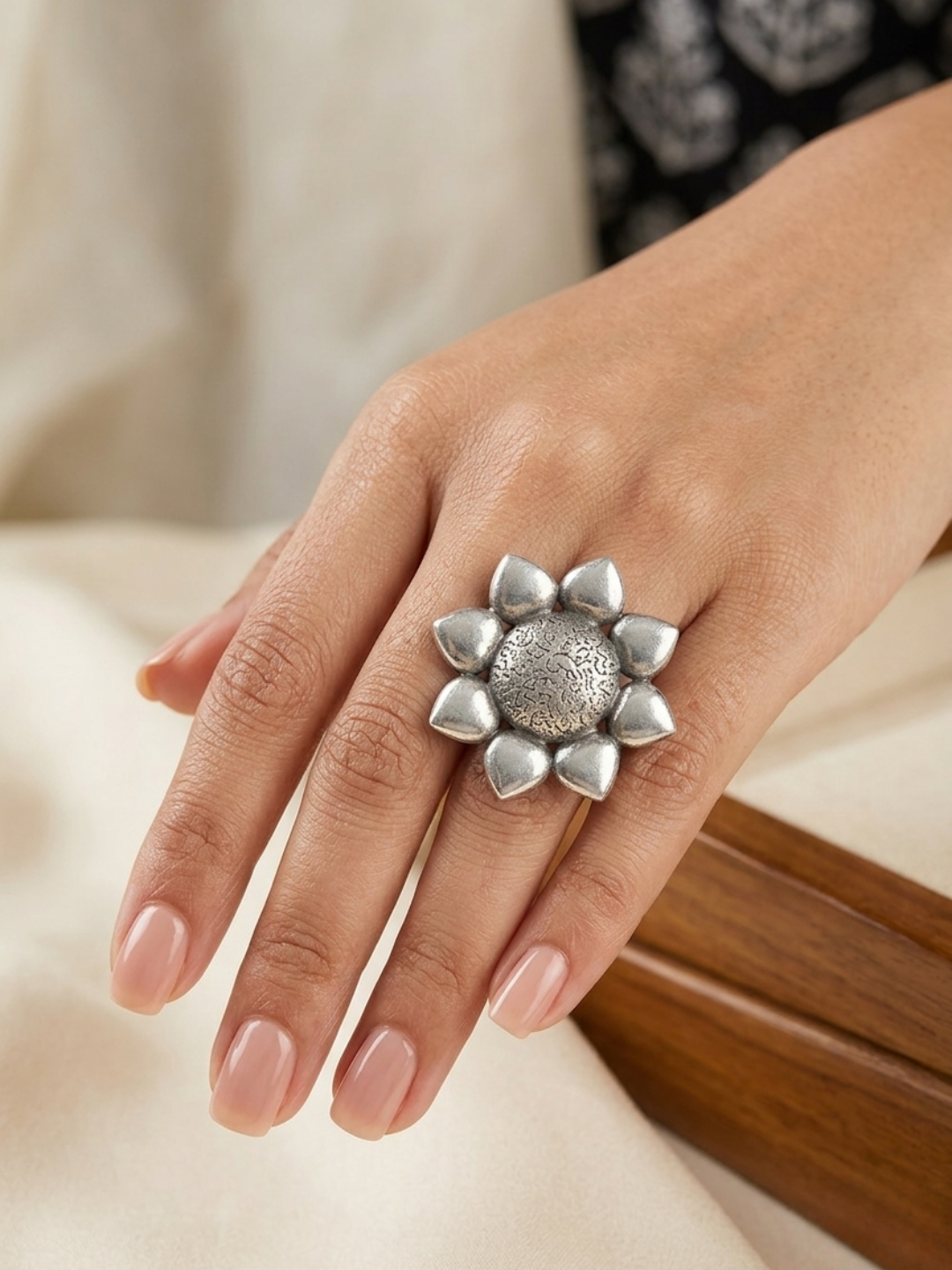 Women Oxidised Silver-Plated Floral Statement Ring