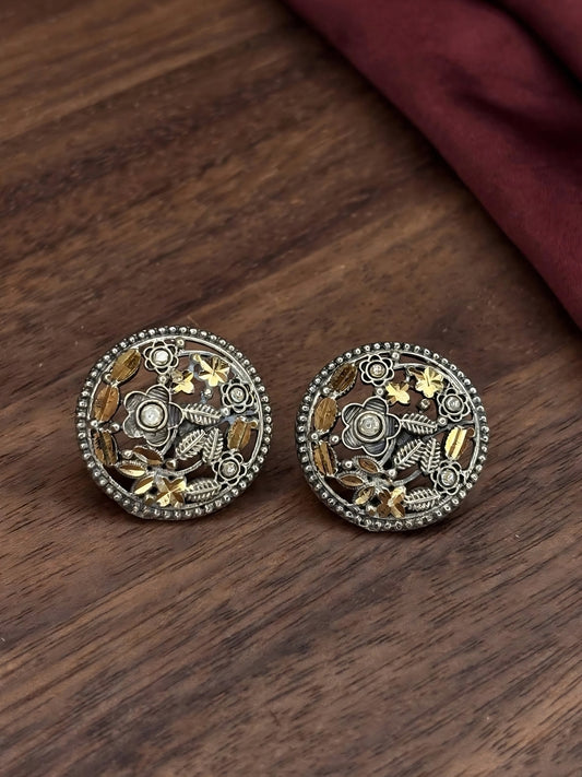 Oxidised Silver-Plated Floral Leaf & Stone Embellished Round Stud Earrings