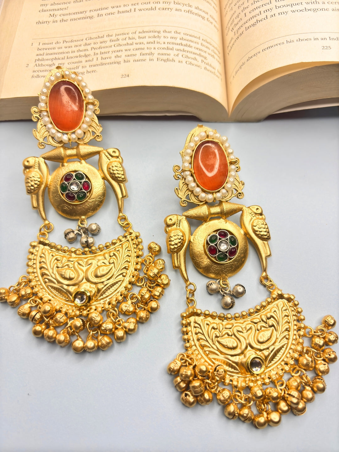 VIVAZS Gold-Plated Peach Stones Studded & Beaded Chandbalis