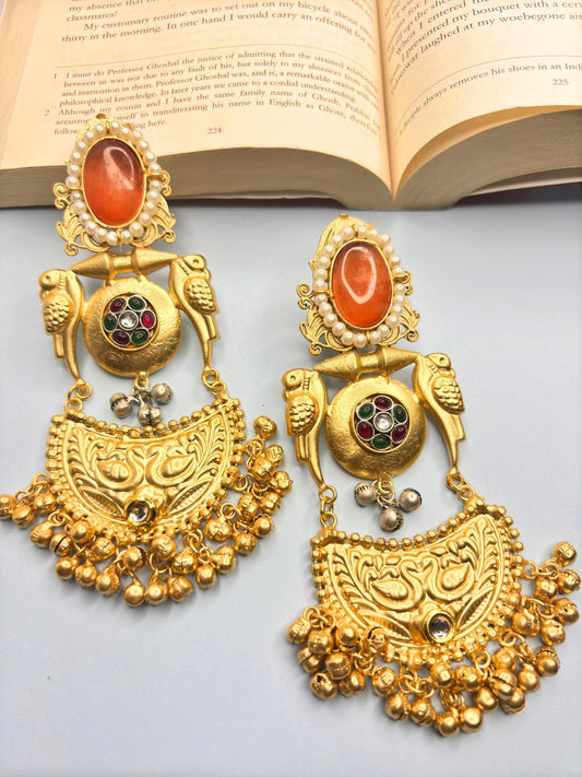 VIVAZS Gold-Plated Peach Stones Studded & Beaded Chandbalis