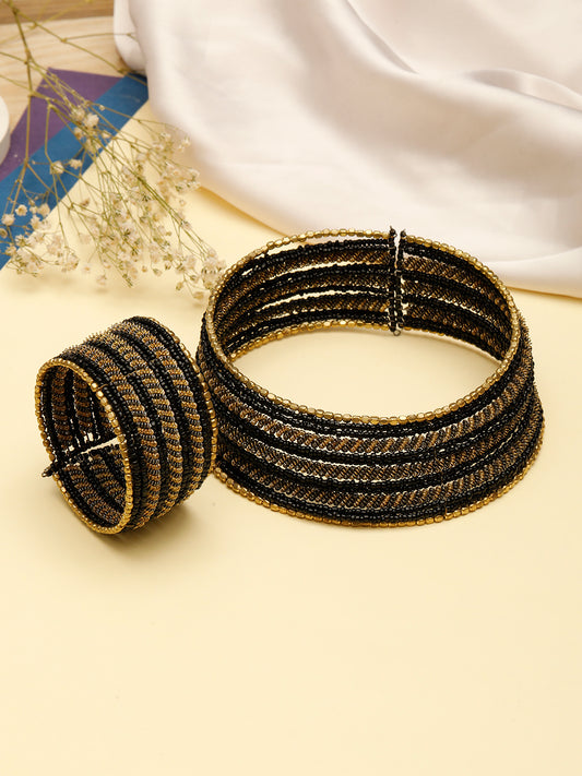 VIVAZS Gold-Plated Beaded Afghan Layered Necklace with Bracelet (Black)