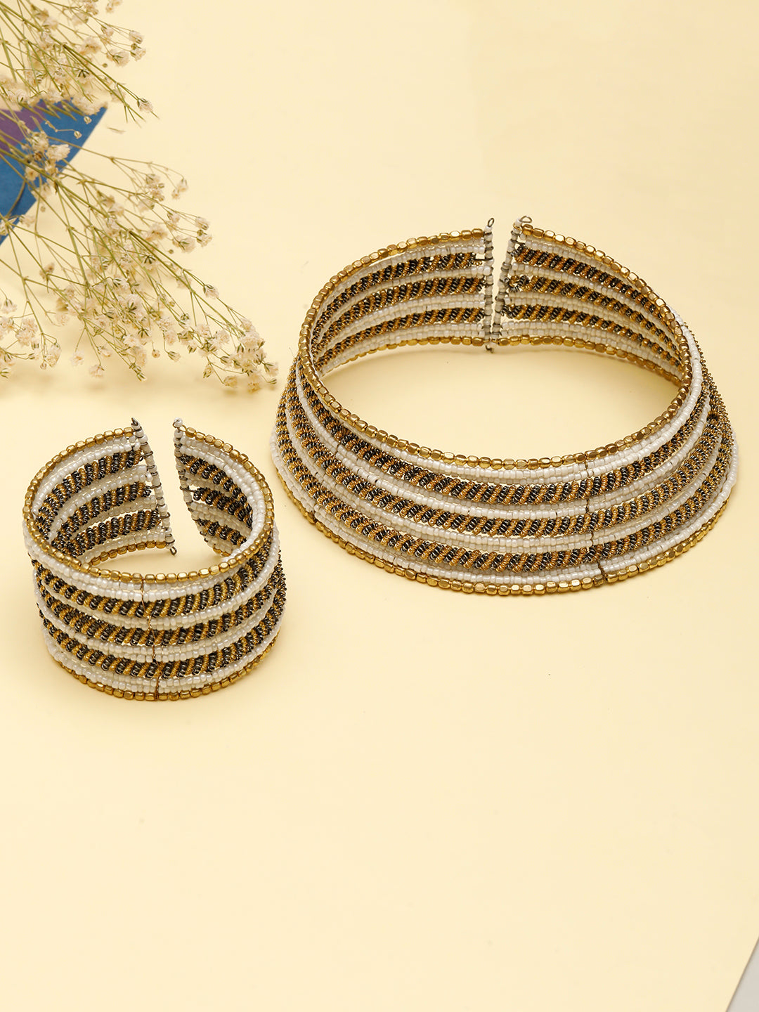 VIVAZS Gold-Plated Beaded Afghan Layered Necklace with Bracelet