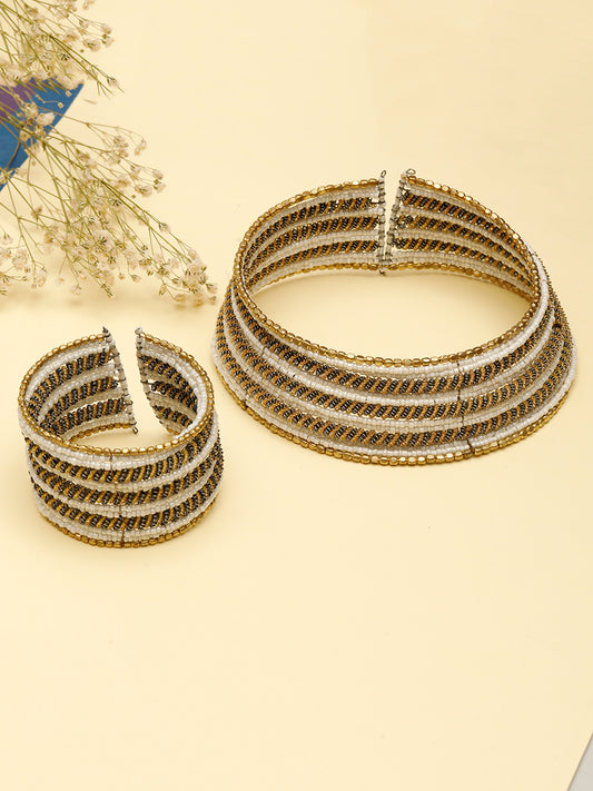 VIVAZS Gold-Plated Beaded Afghan Layered Necklace with Bracelet