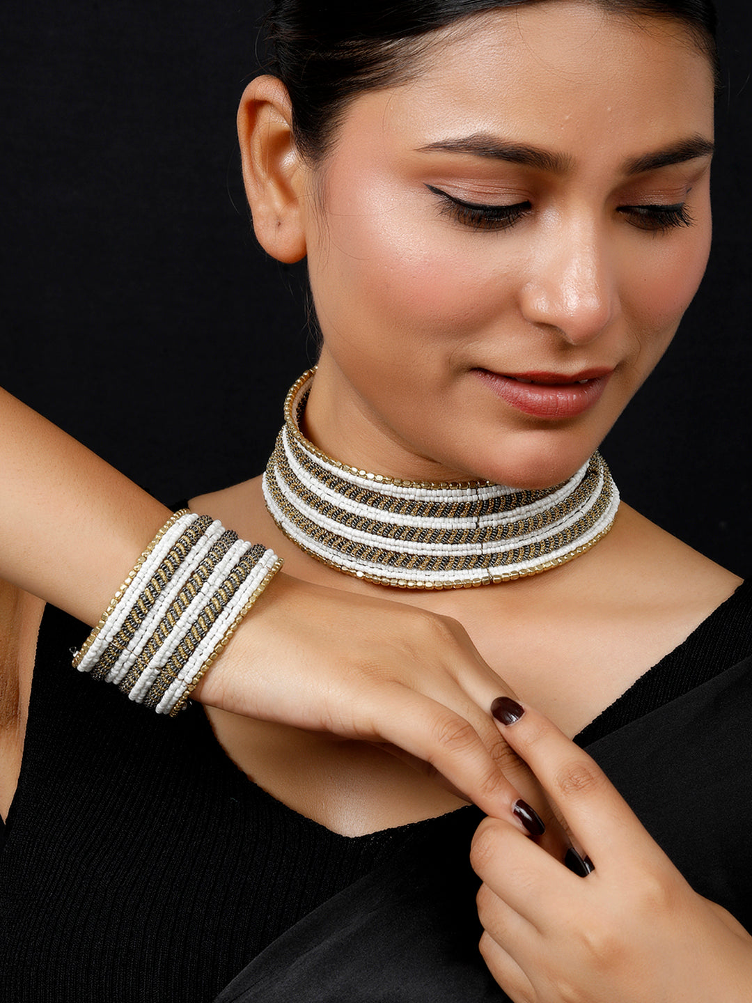 VIVAZS Gold-Plated Beaded Afghan Layered Necklace with Bracelet