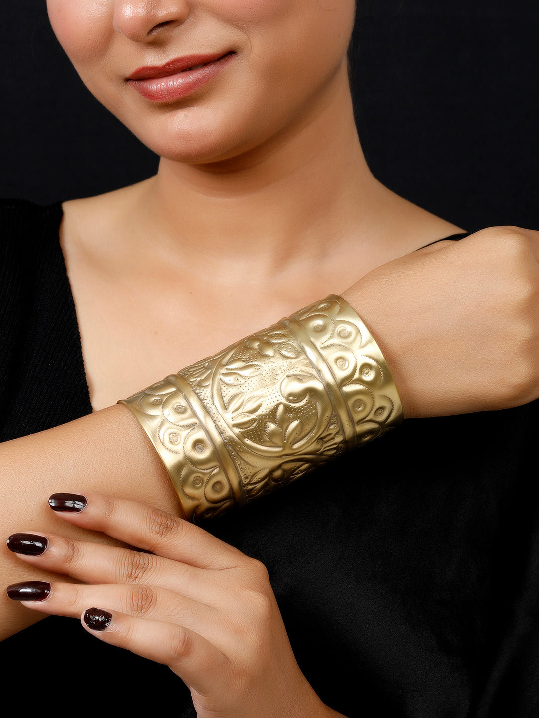 VIVAZS Women Gold-Plated Oxidised Cuff Bracelet/Handcuff