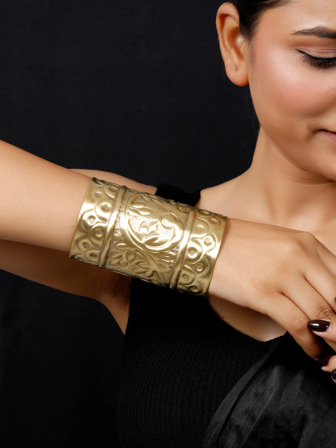 VIVAZS Women Gold-Plated Oxidised Cuff Bracelet/Handcuff