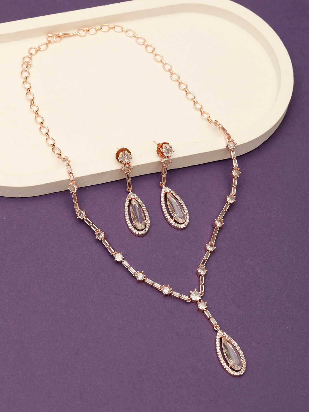 VIVAZS Women Rose Gold-Plated AD Studded Handcrafted Jewellery Set