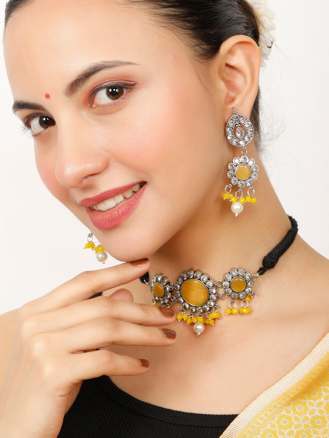 VIVAZS Silver-Plated Yellow Oxidised Jewellery Set