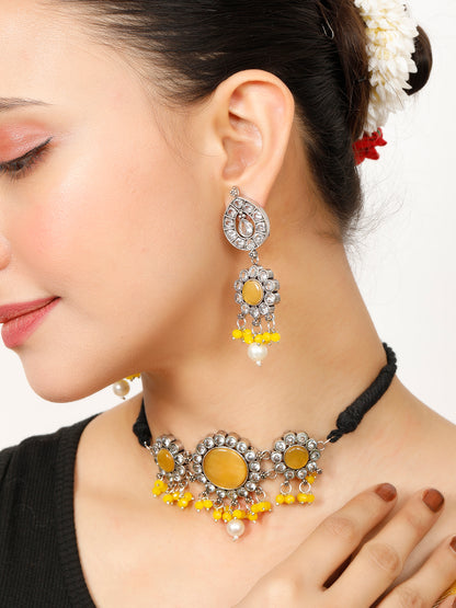 VIVAZS Silver-Plated Yellow Oxidised Jewellery Set