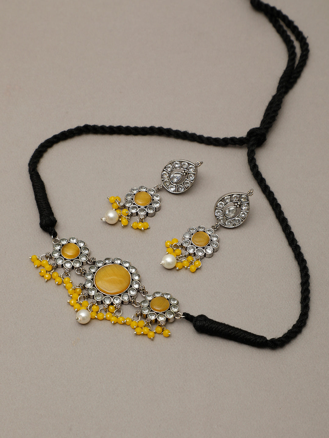 VIVAZS Silver-Plated Yellow Oxidised Jewellery Set