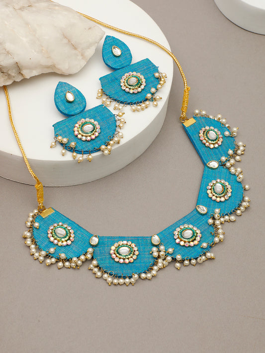 VIVAZS Gold Plated & Pearl Sky Blue Beaded Jewellery Set