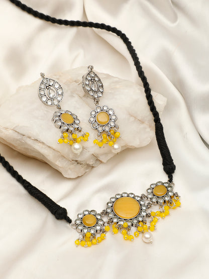 VIVAZS Silver-Plated Yellow Oxidised Jewellery Set