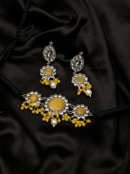 VIVAZS Silver-Plated Yellow Oxidised Jewellery Set