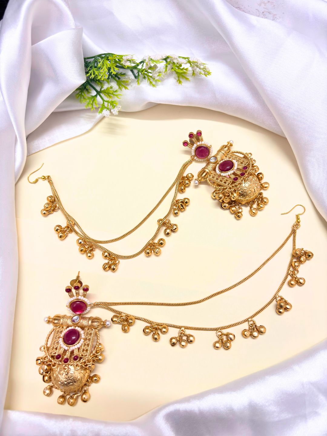 VIVAZS 22K Gold Plated Kundan Crystal Statement Kan Chain Earrings (magenta/Dark Pink)