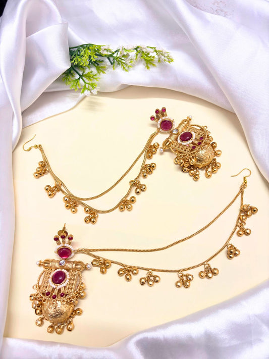VIVAZS 22K Gold Plated Kundan Crystal Statement Kan Chain Earrings (magenta/Dark Pink)