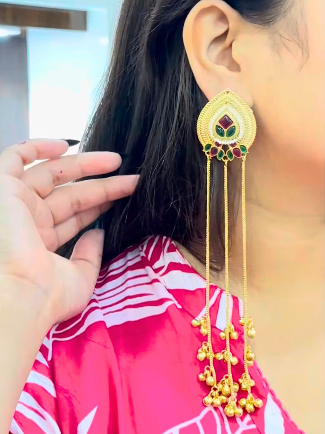 VIVAZS Kashmiri Long Drop Earrings (Pink and Green)