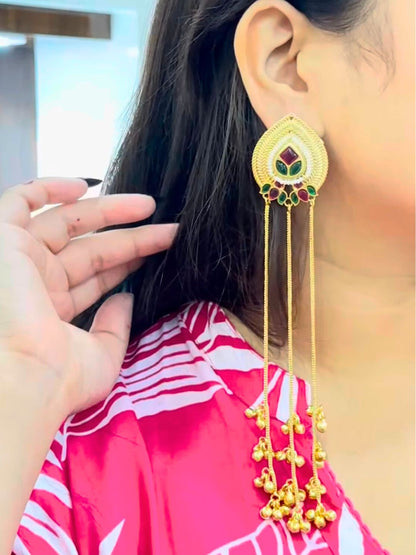 VIVAZS Kashmiri Long Drop Earrings (Pink and Green)