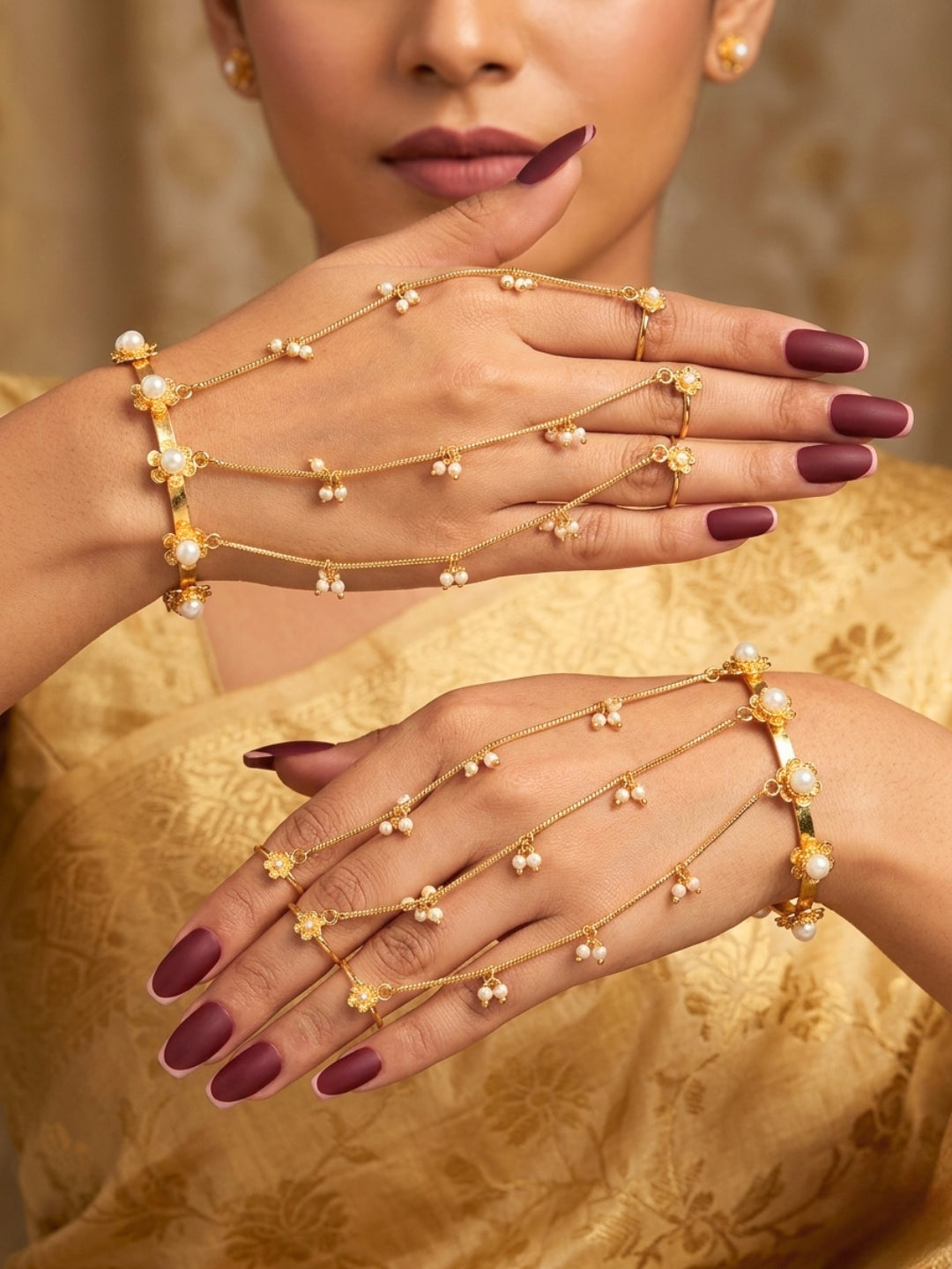 Gold-Plated Pearls Studded Ghungaroo Hath Phool  Kashmiri Ring Bracelet set