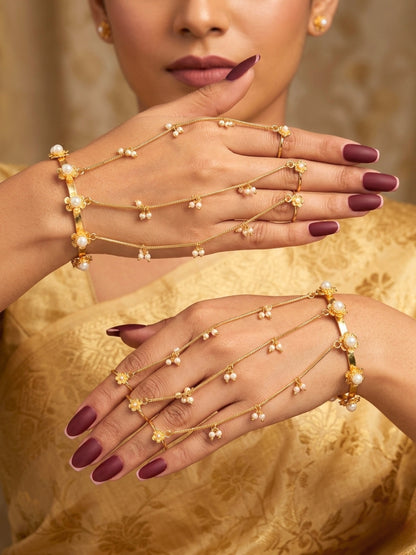 Gold-Plated Pearls Studded Ghungaroo Hath Phool  Kashmiri Ring Bracelet set