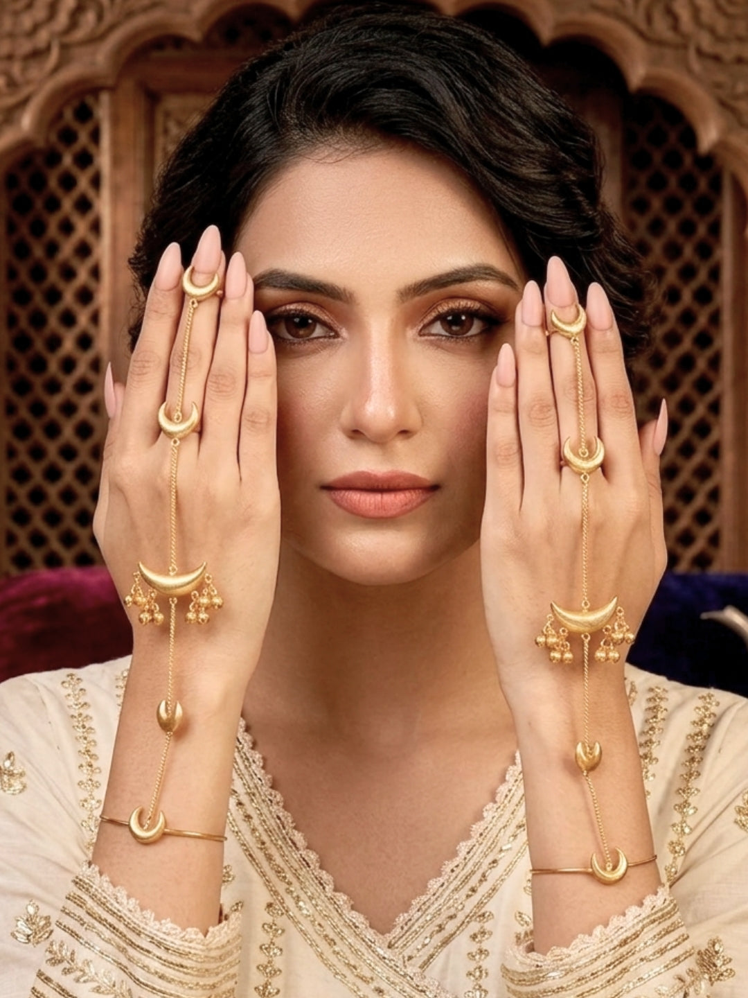 Gold Plated Chand Ghungroo Hathphool Kashmiri Bangle Bracelet Set